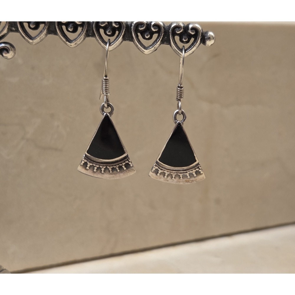 Vintage Native Sterling Silver Black Onyx Dangle Tribal Earrings